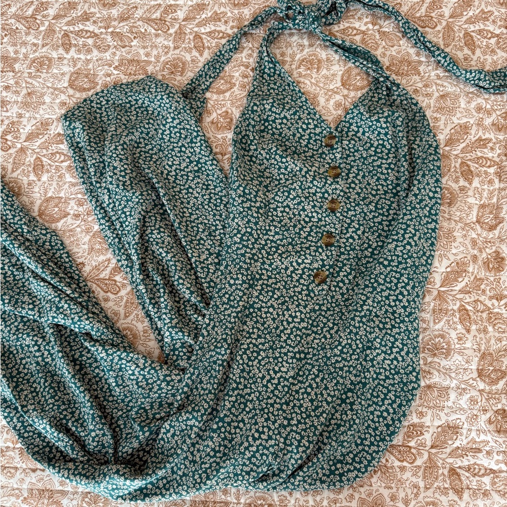 Floral Green Halter Backless Jumpsuit with waist tie retro womens size small